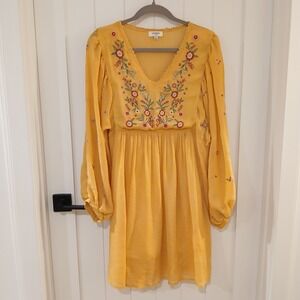 Umgee Dress Women Large Yellow Embroidered Boho Long Sleeve V Neck Flowing Tunic